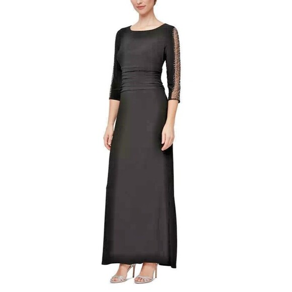 SL Fashions Women's Petite Ruched Beaded 3/4-Sleeve Gown Maxi Dress Black 4P - Picture 1 of 16